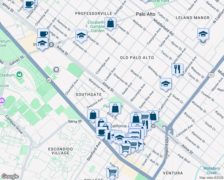 map of restaurants, bars, coffee shops, grocery stores, and more near Alma Street in Palo Alto
