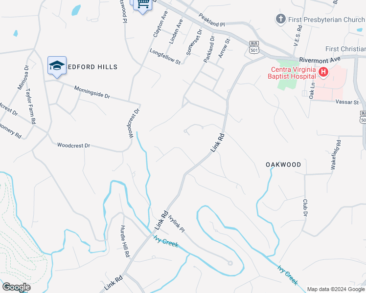 map of restaurants, bars, coffee shops, grocery stores, and more near 2205 Surrey Place in Lynchburg