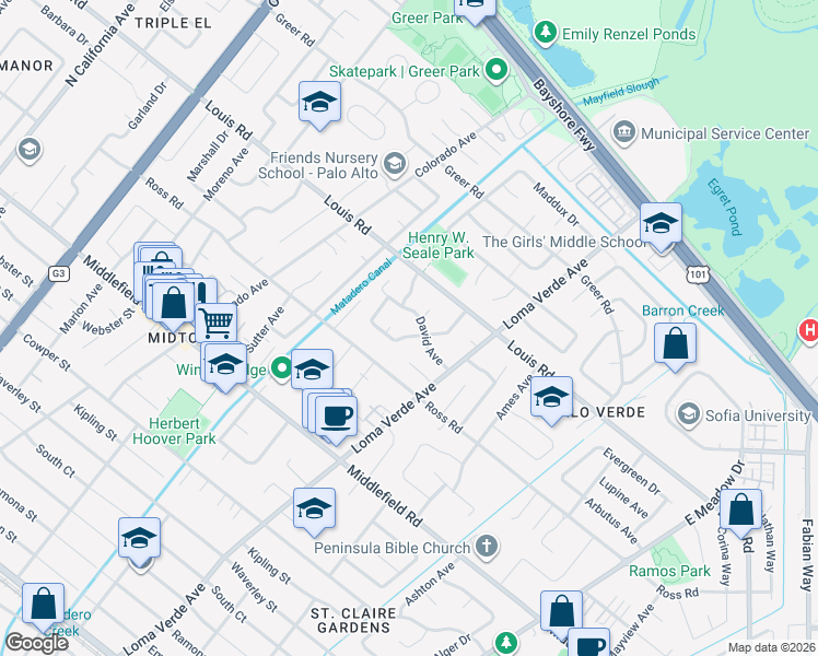 map of restaurants, bars, coffee shops, grocery stores, and more near 3129 Stelling Drive in Palo Alto