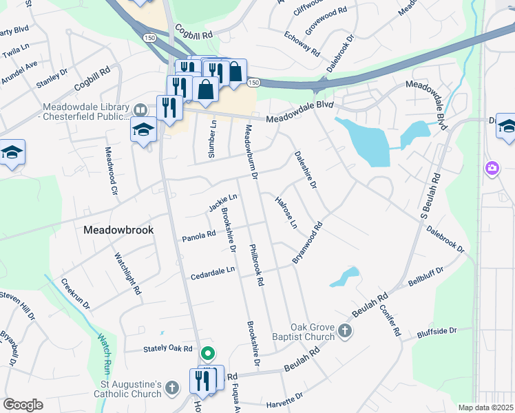 map of restaurants, bars, coffee shops, grocery stores, and more near 6212 Meadowburm Drive in Richmond