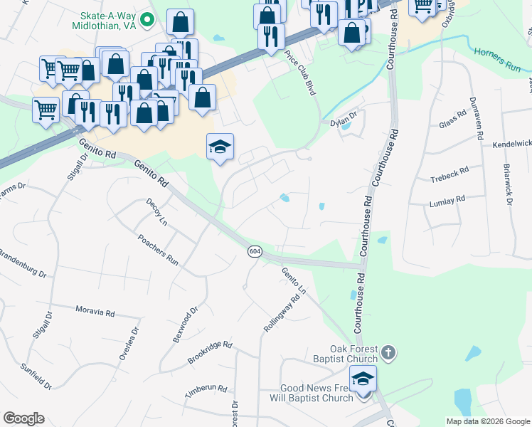 map of restaurants, bars, coffee shops, grocery stores, and more near 10680 Braden Parke Drive in Chesterfield