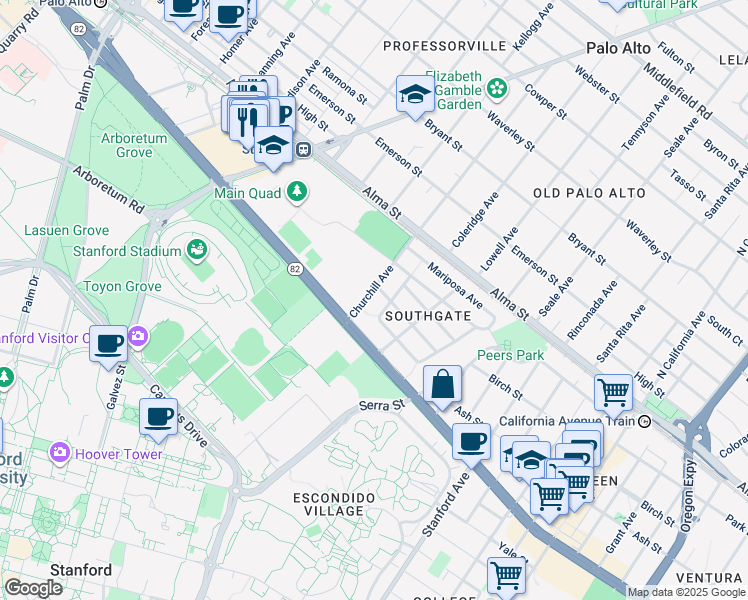 map of restaurants, bars, coffee shops, grocery stores, and more near 1502 Madrono Avenue in Palo Alto