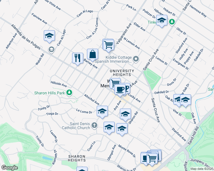 map of restaurants, bars, coffee shops, grocery stores, and more near in West Menlo Park