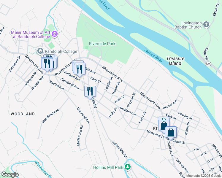 map of restaurants, bars, coffee shops, grocery stores, and more near 2102 Early Street in Lynchburg