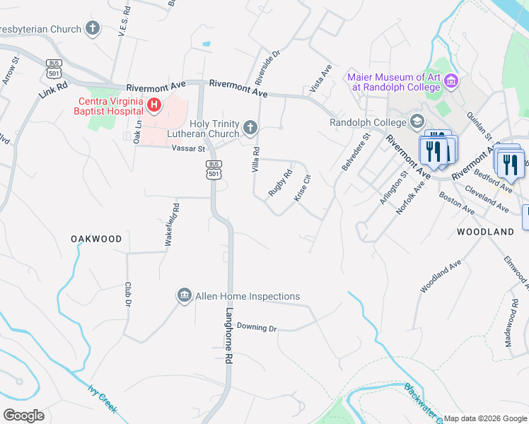map of restaurants, bars, coffee shops, grocery stores, and more near 1338 Krise Cir in Lynchburg