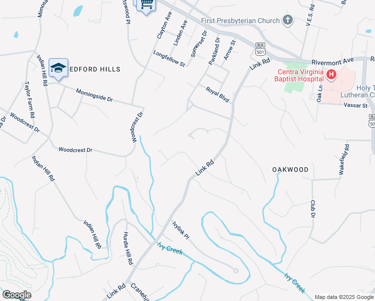 map of restaurants, bars, coffee shops, grocery stores, and more near 2205 Surrey Place in Lynchburg