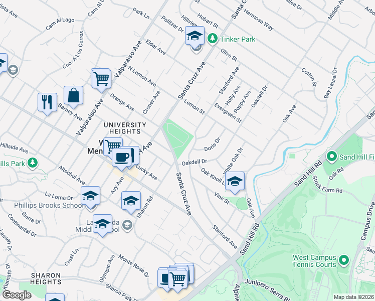 map of restaurants, bars, coffee shops, grocery stores, and more near 851 Stanford Avenue in Menlo Park
