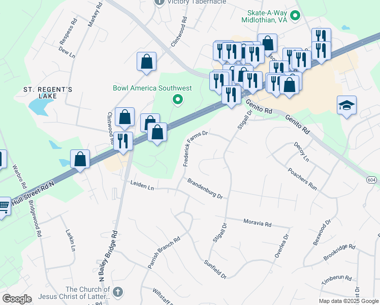 map of restaurants, bars, coffee shops, grocery stores, and more near 4219 Frederick Farms Drive in Midlothian