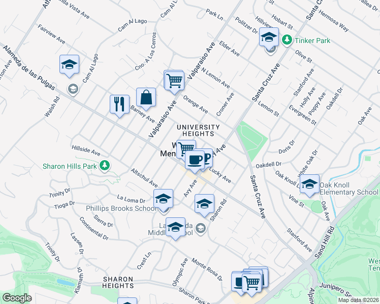 map of restaurants, bars, coffee shops, grocery stores, and more near 2047 Ashton Avenue in Menlo Park