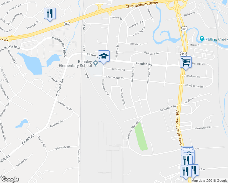 map of restaurants, bars, coffee shops, grocery stores, and more near 3041 Brentwood Circle in Richmond