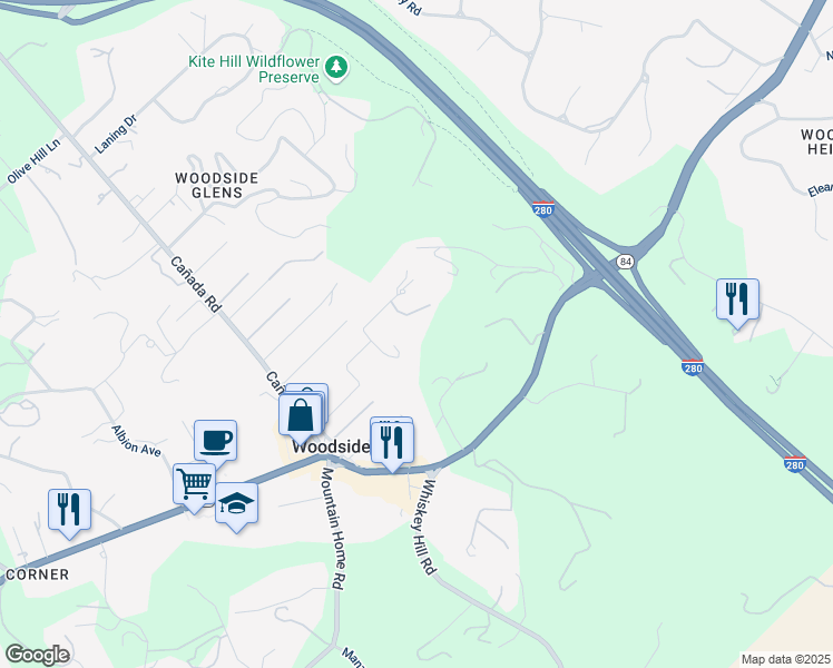 map of restaurants, bars, coffee shops, grocery stores, and more near 380 La Questa Way in Woodside