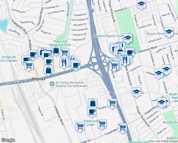 map of restaurants, bars, coffee shops, grocery stores, and more near 69 Henriques Lane in Milpitas