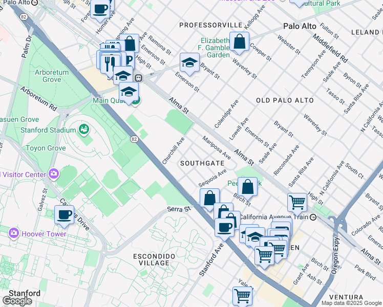 map of restaurants, bars, coffee shops, grocery stores, and more near 1508 Escobita Avenue in Palo Alto