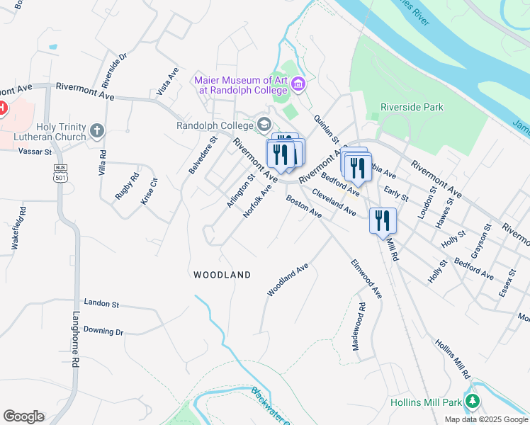 map of restaurants, bars, coffee shops, grocery stores, and more near 243 Memphis Street in Lynchburg