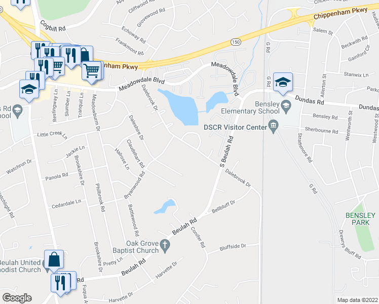 map of restaurants, bars, coffee shops, grocery stores, and more near 6436 Dalebrook Drive in Richmond