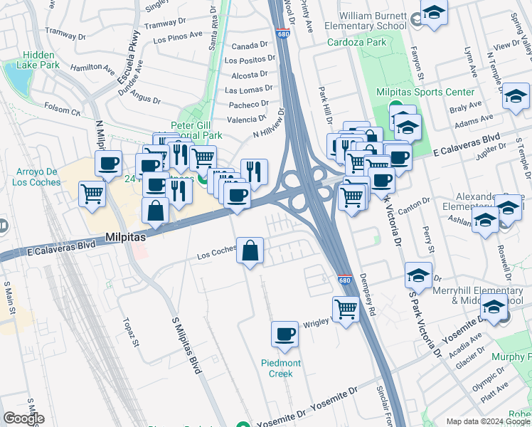 map of restaurants, bars, coffee shops, grocery stores, and more near 54 Pimentel Circle in Milpitas