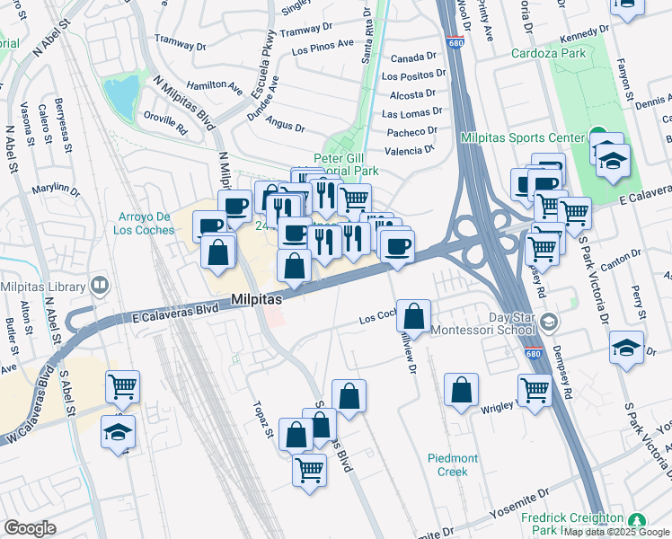 map of restaurants, bars, coffee shops, grocery stores, and more near 559 East Calaveras Boulevard in Milpitas