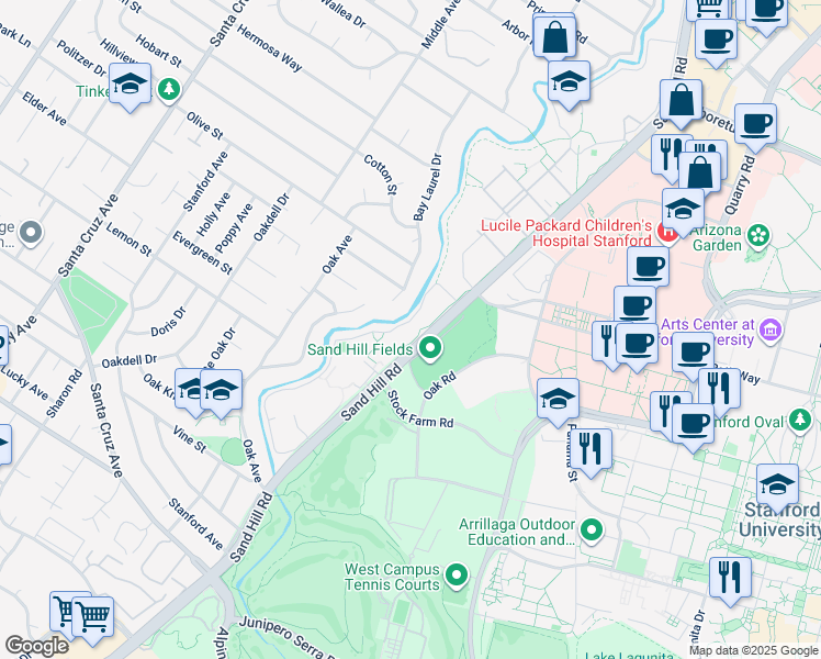 map of restaurants, bars, coffee shops, grocery stores, and more near 1450 Oak Creek Drive in Palo Alto