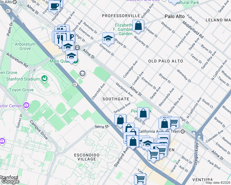 map of restaurants, bars, coffee shops, grocery stores, and more near 1568 Mariposa Avenue in Palo Alto