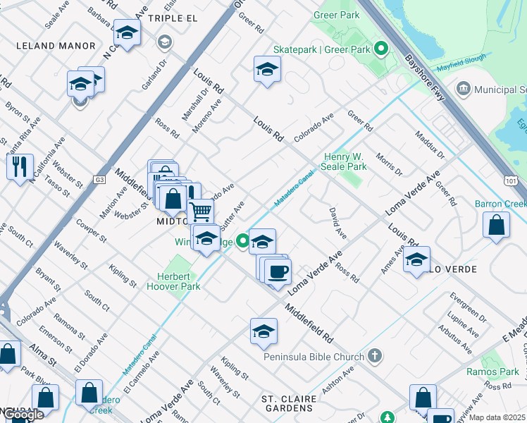 map of restaurants, bars, coffee shops, grocery stores, and more near 796 Clara Drive in Palo Alto