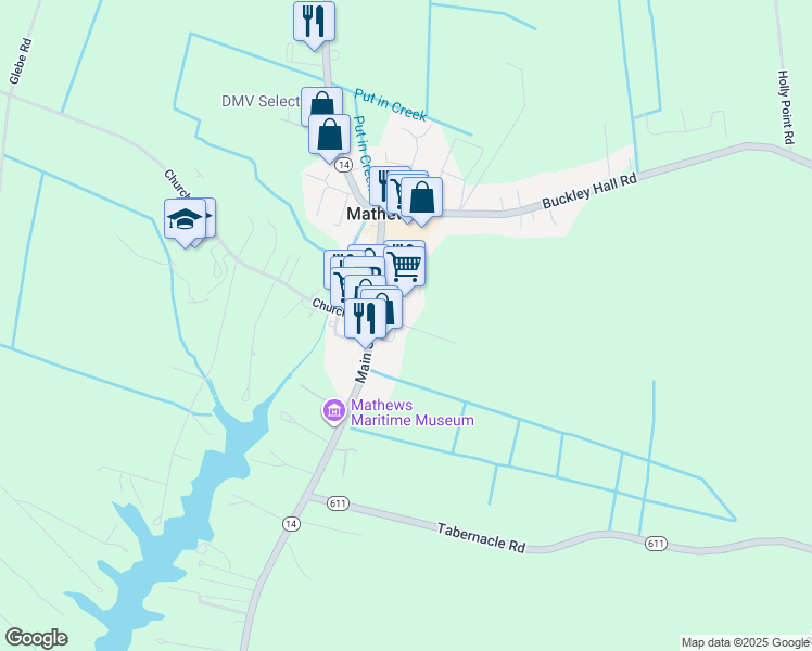 map of restaurants, bars, coffee shops, grocery stores, and more near Maple Avenue in Mathews