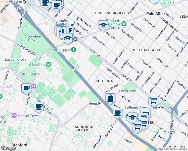 map of restaurants, bars, coffee shops, grocery stores, and more near 1502 Madrono Avenue in Palo Alto