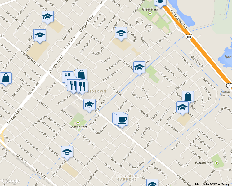 map of restaurants, bars, coffee shops, grocery stores, and more near 2931 Ross Road in Palo Alto