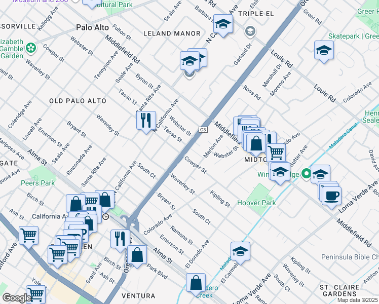map of restaurants, bars, coffee shops, grocery stores, and more near 576a Green Manor in Palo Alto