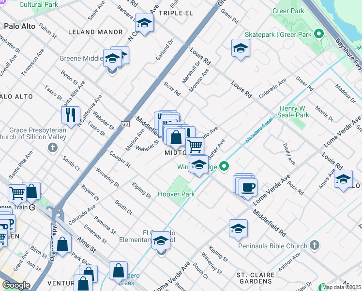 map of restaurants, bars, coffee shops, grocery stores, and more near 2721 Midtown Court in Palo Alto