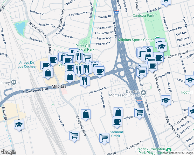 map of restaurants, bars, coffee shops, grocery stores, and more near 18 S Hillview Dr in Milpitas