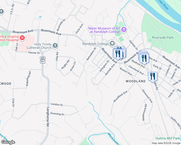 map of restaurants, bars, coffee shops, grocery stores, and more near 720 Warwick Lane in Lynchburg