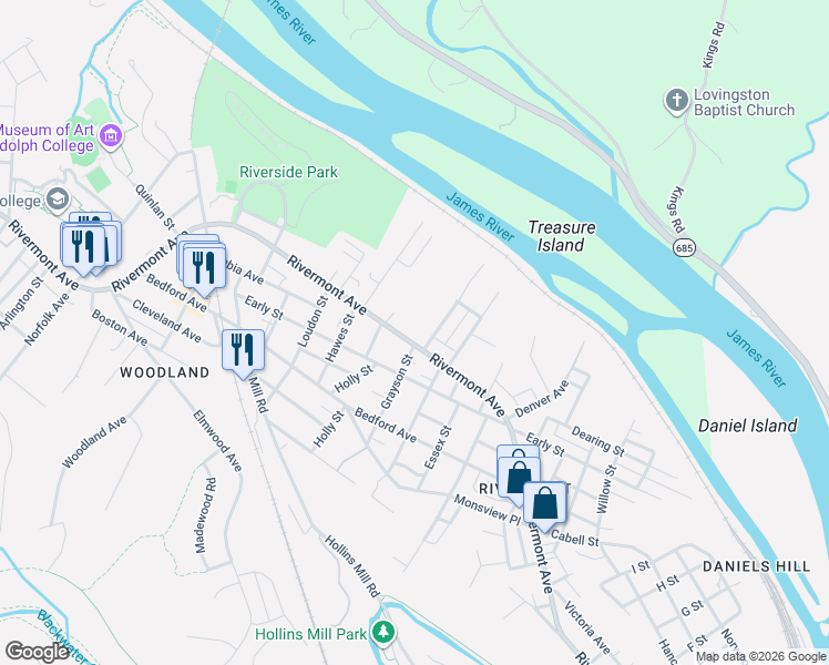 map of restaurants, bars, coffee shops, grocery stores, and more near 135 Fredonia Avenue in Lynchburg