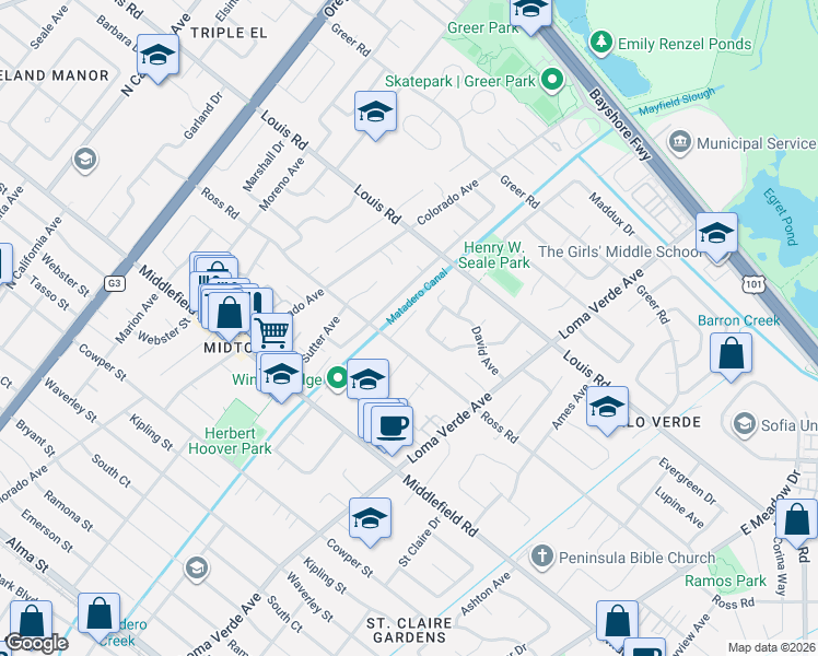 map of restaurants, bars, coffee shops, grocery stores, and more near 825 Wintergreen Way in Palo Alto