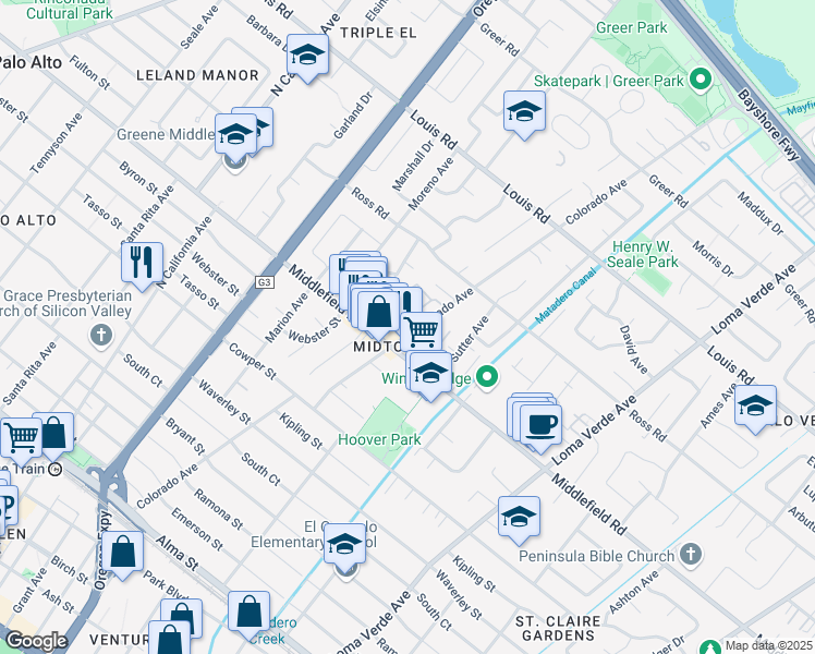 map of restaurants, bars, coffee shops, grocery stores, and more near 2721 Midtown Court in Palo Alto