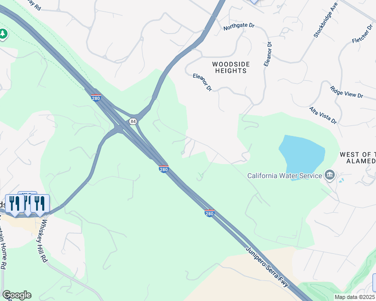 map of restaurants, bars, coffee shops, grocery stores, and more near 1142 Moore Road in Woodside