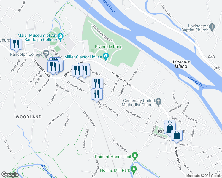 map of restaurants, bars, coffee shops, grocery stores, and more near 2103 Early Street in Lynchburg