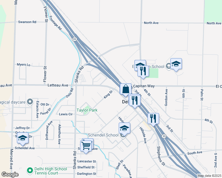 map of restaurants, bars, coffee shops, grocery stores, and more near 16246 Letteau Avenue in Delhi