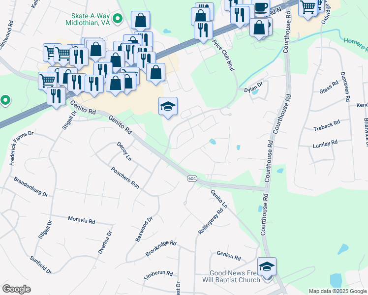 map of restaurants, bars, coffee shops, grocery stores, and more near 4109 Mallard Landing Circle in Midlothian