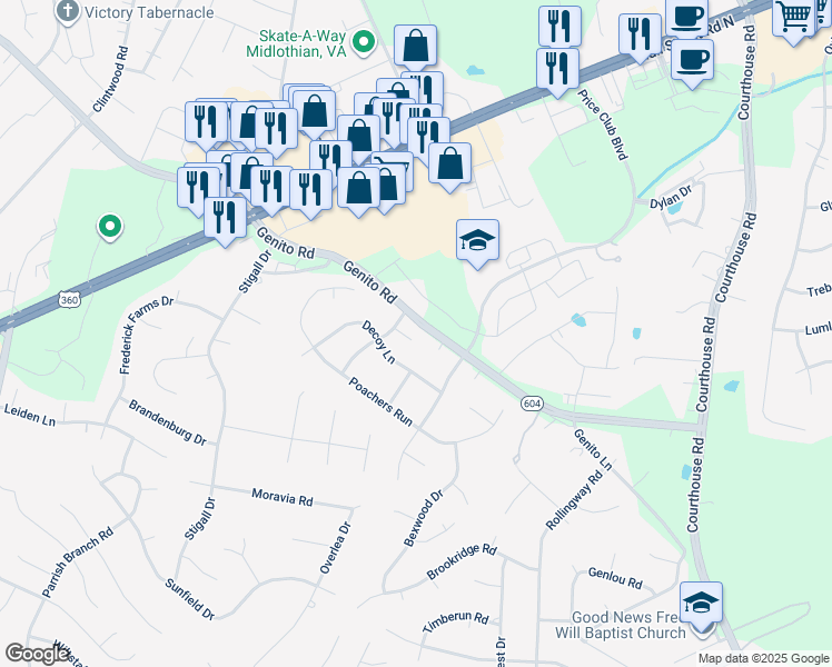map of restaurants, bars, coffee shops, grocery stores, and more near 10802 Tracker Court in Chesterfield