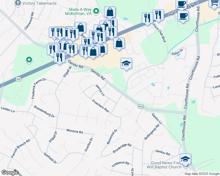 map of restaurants, bars, coffee shops, grocery stores, and more near 10802 Tracker Court in Chesterfield