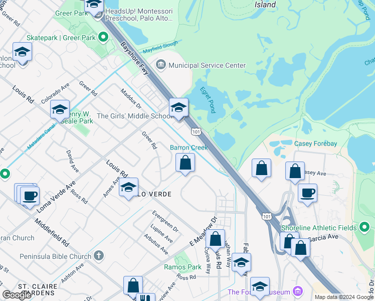 map of restaurants, bars, coffee shops, grocery stores, and more near 3433 Kenneth Drive in Palo Alto