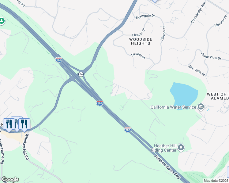 map of restaurants, bars, coffee shops, grocery stores, and more near 585 Moore Road in Woodside