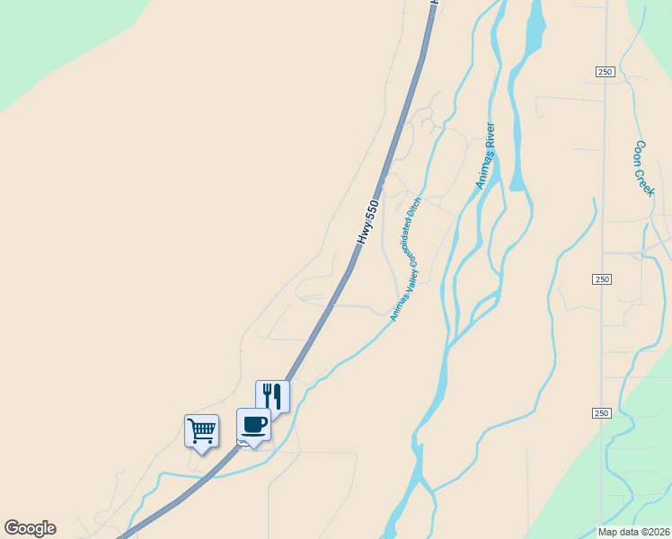 map of restaurants, bars, coffee shops, grocery stores, and more near 34337 Highway 550 in Durango