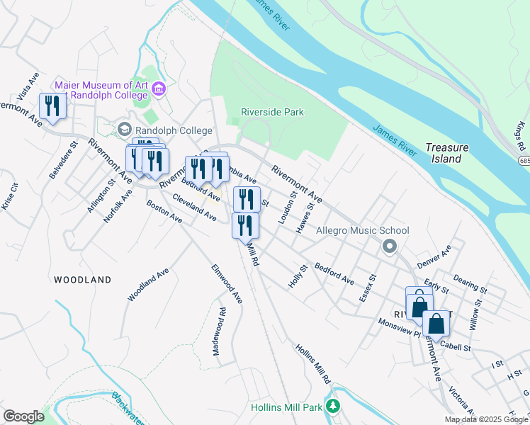 map of restaurants, bars, coffee shops, grocery stores, and more near 412 Cork Street in Lynchburg