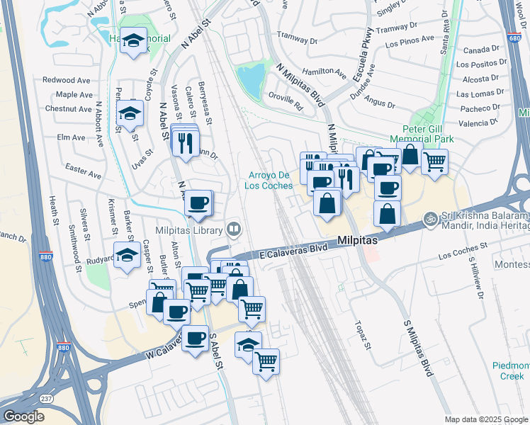 map of restaurants, bars, coffee shops, grocery stores, and more near 230 Railroad Avenue in Milpitas