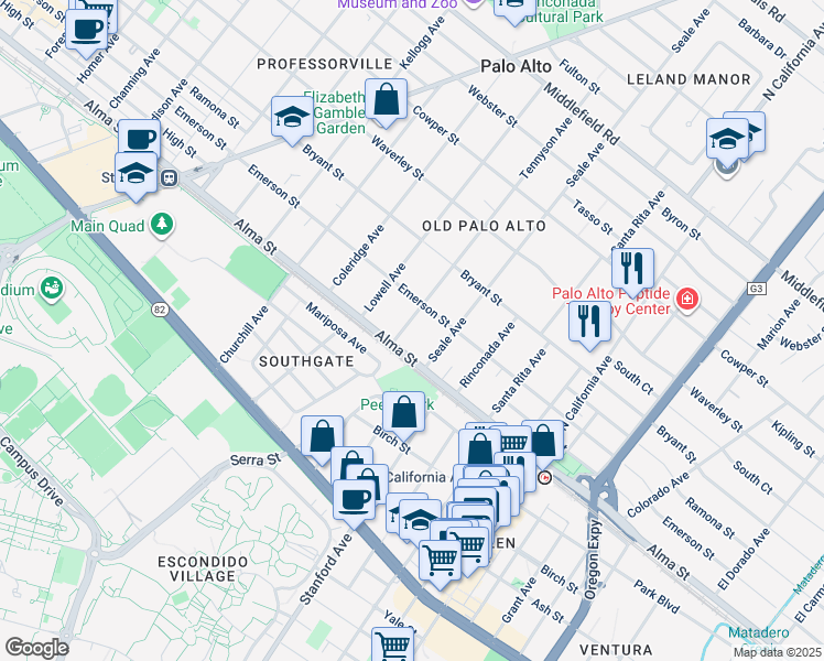 map of restaurants, bars, coffee shops, grocery stores, and more near 150 Tennyson Avenue in Palo Alto