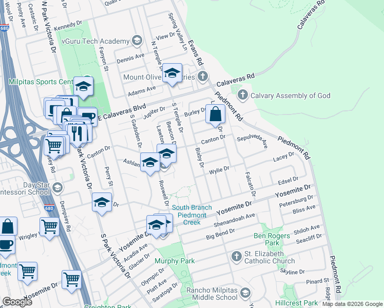 map of restaurants, bars, coffee shops, grocery stores, and more near 1694 Canton Drive in Milpitas