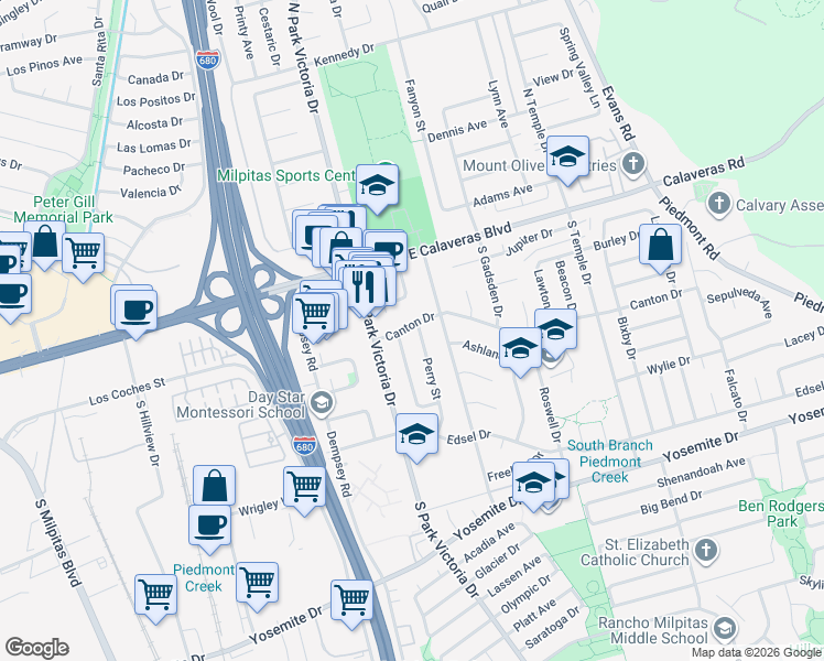 map of restaurants, bars, coffee shops, grocery stores, and more near 1299 Canton Drive in Milpitas