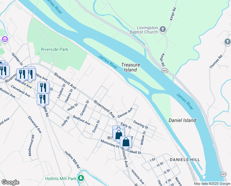 map of restaurants, bars, coffee shops, grocery stores, and more near 69 Marshall Street in Lynchburg