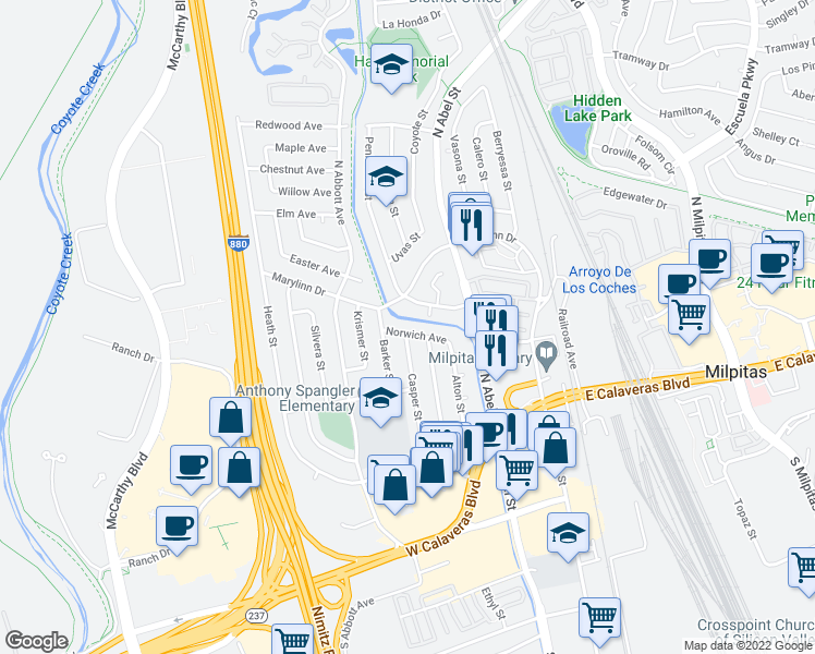 map of restaurants, bars, coffee shops, grocery stores, and more near 289 Norwich Avenue in Milpitas